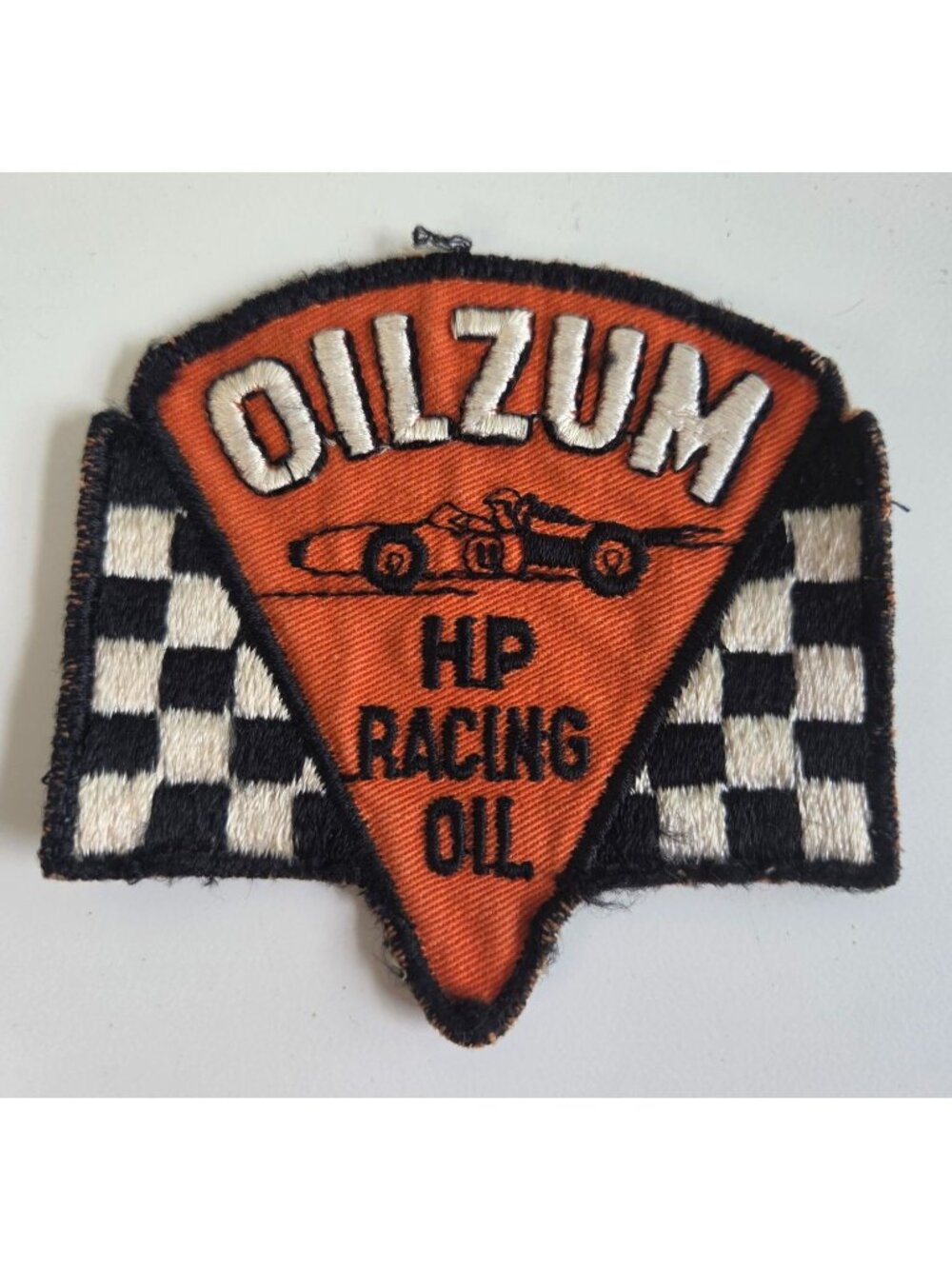 Vtg Oilzum HP Racing Oil Embroidered Triangle Patch Checkered Flag Orange Black